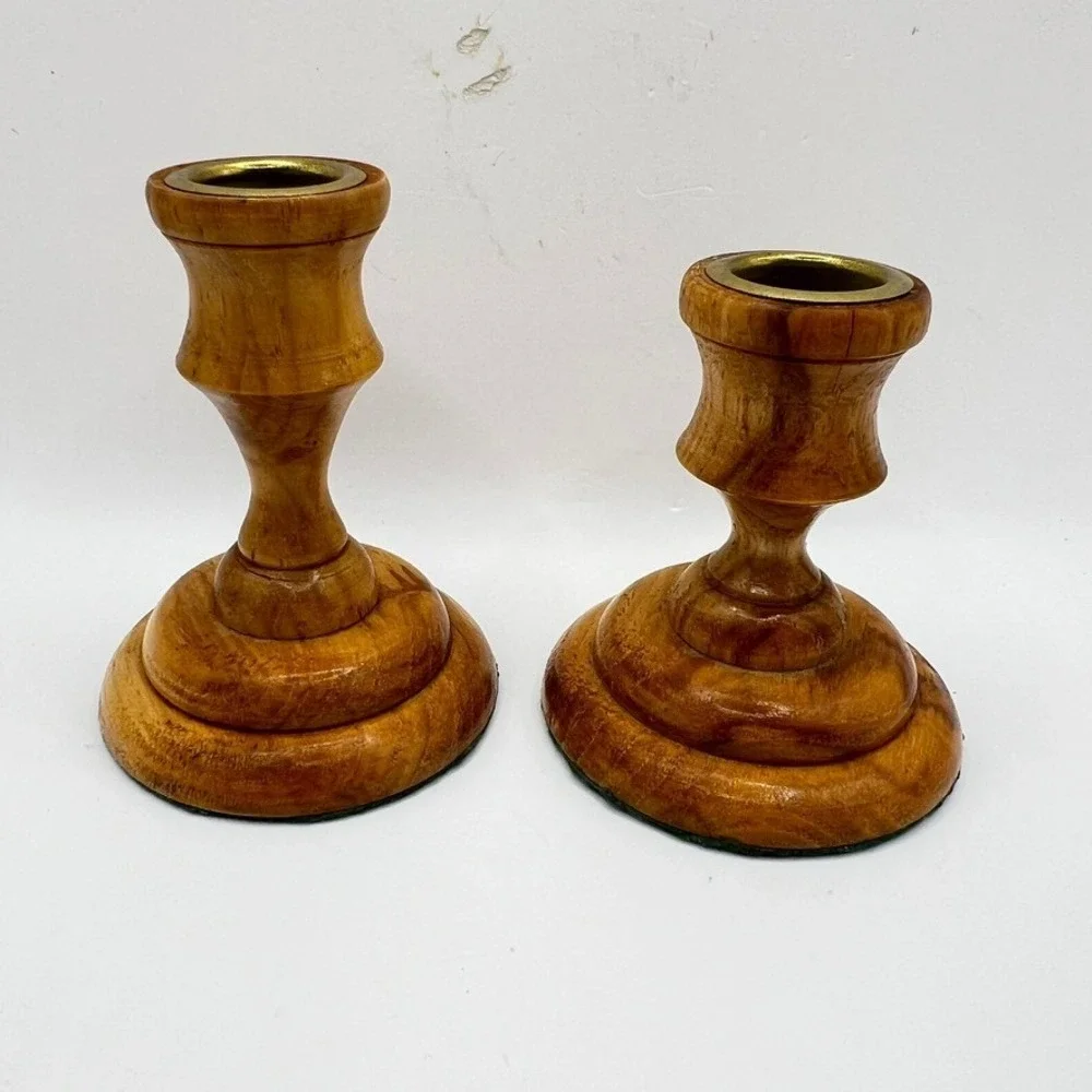 Vtg Pair of Hand-Turned Pecan Wood Candlestick Holders Brass Inserts 4